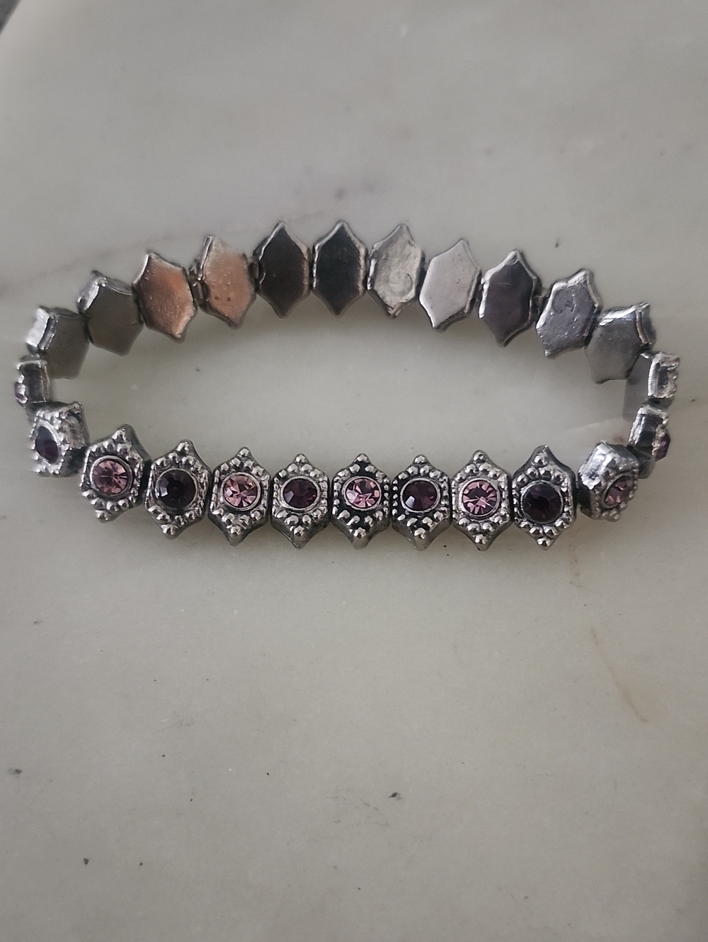 Silver Stretch Bracelet with Pink and Purple Crystal Accents